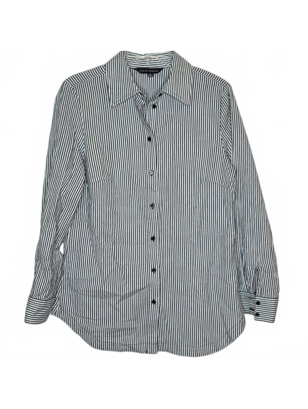 Ming Wang Striped Button Up Blouse 100% Cotton Size XS Grey White